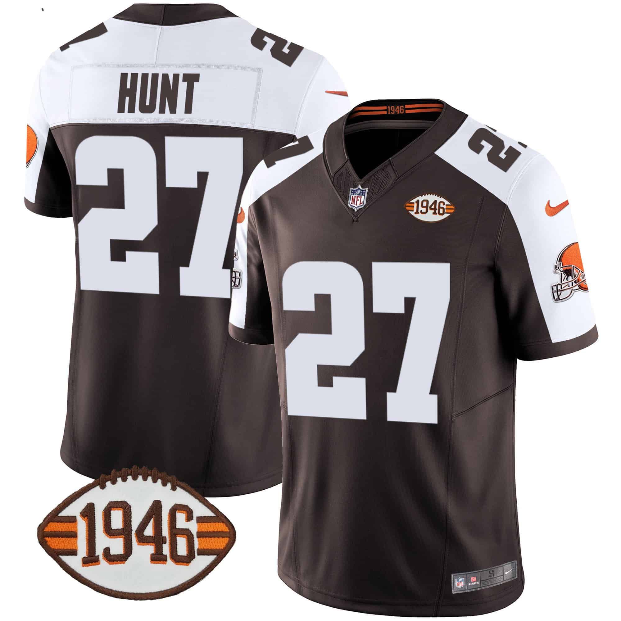 Men Cleveland Browns 27 Hunt Brown 1946 75th Anniversary Patch 2024 Nike NFL Jersey